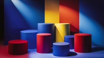 Brightly colored geometric shapes arranged artistically in a studio setting with dramatic lighting photo
