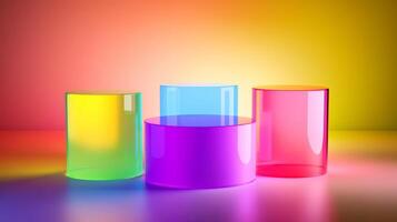 Colorful translucent podiums creating a vibrant display on a smooth surface with a gradient background. Perfect for creative, youthful brands, modern tech gadgets, or bold accessories. photo