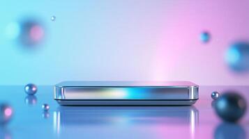 Modern display platform showcased on a reflective surface with colorful lighting effects in a studio setting photo