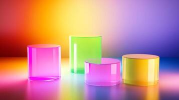 Colorful translucent geometric shapes podiums on a vibrant gradient background create a modern artistic display in a bright studio setting. photo