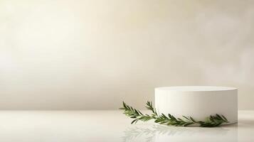 Simple round display stand with green leaves in minimalistic setting photo
