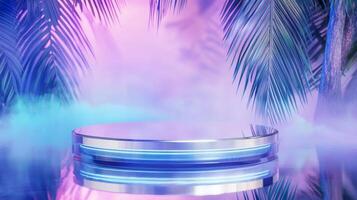 Colorful stage platform surrounded by tropical foliage in a vibrant setting.. Ideal for tech gadgets, modern accessories, or avant-garde campaigns. photo