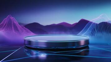 Modern abstract stage design with glowing neon elements in a futuristic landscape at dusk. Ideal for tech gadgets, modern accessories, or avant-garde campaigns. photo