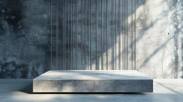 Minimalist concrete platform against textured wall with linear shadows in modern interior space. Perfect for showcasing minimalist furniture, tech gadgets, or modern home goods. photo