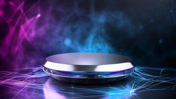 Futuristic platform illuminated with vibrant lights in a digital environment. Ideal for tech gadgets, modern accessories, or avant-garde campaigns. photo