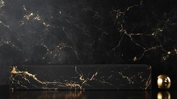 Elegant black marble surface with golden veining and a round golden accent on the side. Perfect for high-end branding, perfumes or jewelry. photo