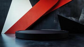 Modern display platform with geometric backgrounds in bold colors for showcasing products photo