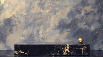 Elegant black marble display with a golden sphere against a textured background. Perfect for high-end branding, perfumes or jewelry. photo