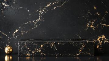 Elegant black marble surface with golden veins illuminated by soft light in a modern decorative setting. Perfect for high-end branding, perfumes or jewelry. photo
