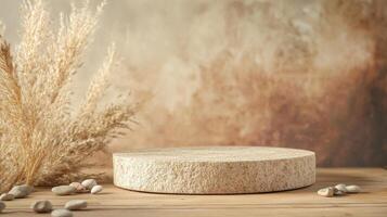Natural stone pedestal with decorative elements set against a textured background in warm tones photo
