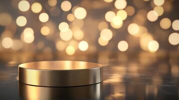Gold platform with blurred lights in the background creates an elegant display for products or awards photo