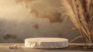 Elegant display of natural elements on a textured surface with soft lighting in a serene atmosphere photo