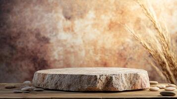 Display of a round stone on a wooden surface with a blurred background and decorative elements in a natural setting photo
