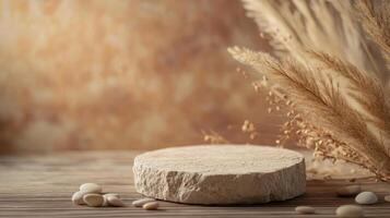 Elegant display of natural textures with stone, pebbles, and dried grass on wooden surface photo
