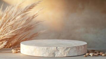 Neutral stone pedestal with dried plants and natural textures in soft lighting photo