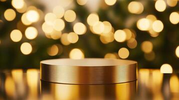 Festive golden pedestal surrounded by vibrant holiday lights creating a warm atmosphere photo
