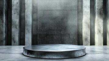 Modern studio backdrop featuring a circular platform with a textured metal wall in an artistic industrial design. Perfect for showcasing minimalist furniture, tech gadgets, or modern home goods. photo