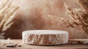 Natural stone surface with dried plants and soft lighting in a neutral setting for artistic displays. Ideal for eco-friendly or artisanal product presentation. photo