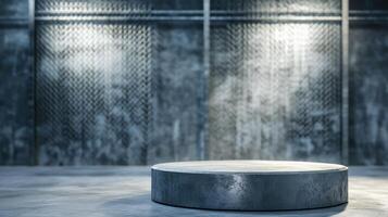 Modern circular platform with industrial backdrop illuminated by overhead lights. Perfect for showcasing minimalist furniture, tech gadgets, or modern home goods. photo