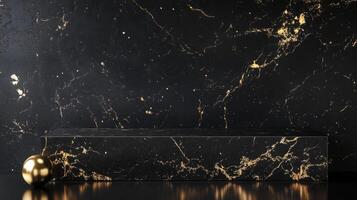 Black marble surface with gold veining and a decorative sphere placed on a dark reflective background. Perfect for high-end branding, perfumes or jewelry. photo