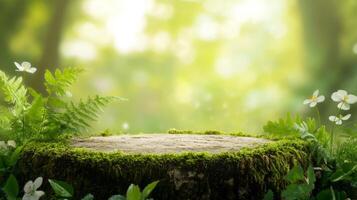 Tranquil forest setting featuring a moss-covered tree stump surrounded by lush greenery and delicate flowers photo
