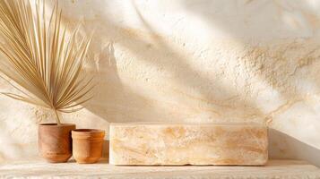 Decorative natural elements and textured wall create a serene setting for aesthetic design photo
