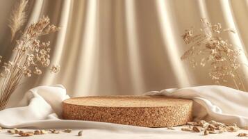 Natural decor arrangement featuring a cork surface with dried flowers and fabric backdrop in a soft color palette photo