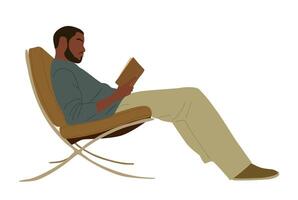 Black young man sitting in armchair, reading book. vector