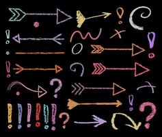 Set of Hand drawn colorful chalk arrows . vector