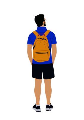 Young man standing rear view with backpack.