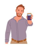 Man showing, holding a calculator in the hands. vector
