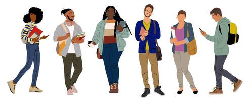 Set of multiracial students art isolated. vector