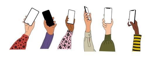 Set of Different Hands holding mobile phones set. vector