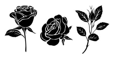 Set of black silhouettes of decorative fresh rose. vector