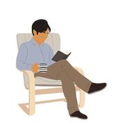 Man sitting in arm chair reading book . vector