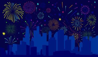 City fire work colorful scene illustration. vector