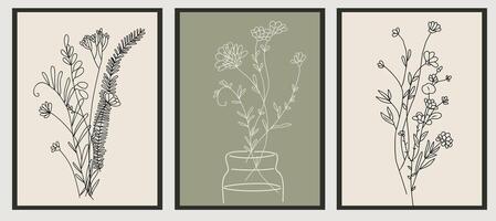 Tiny wild flower bouquets Line Drawing Print Set. vector