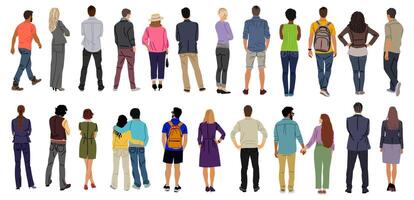 Bundle of diverse People Standing Rear View. vector