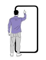 Man standing rear view, touching smartphone screen vector