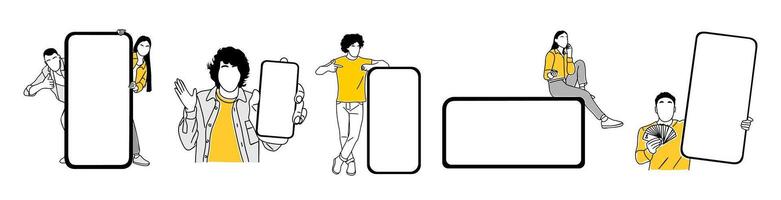 People showing smart phone mockups set. vector