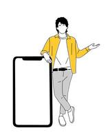 Young man showing smart phone mockup . vector