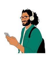 Man using mobile phone, listening music in headset vector