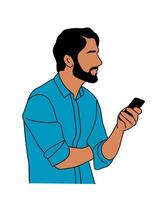 Man holding, using mobile phone isolated. vector