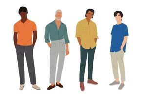 Set of multiracial men in summer casual outfits. vector