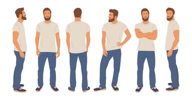 Casual man character standing in different poses. vector