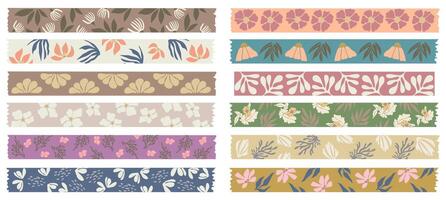 Set of Washi tapes with floral patterns. vector