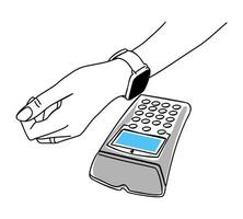 Contactless payment with smart watch and terminal. vector