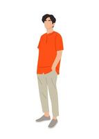 A man in an orange shirt and khaki pants stands in front of a white background. The man is wearing a grey pair of shoes vector