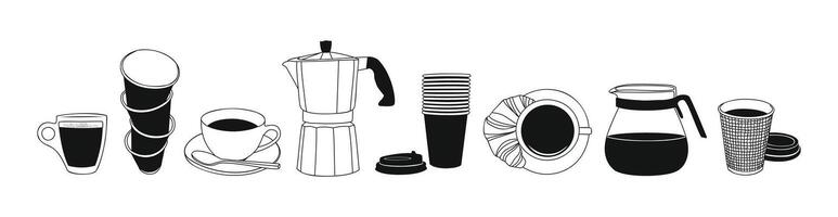 Set of different coffee elements line art drawing. vector
