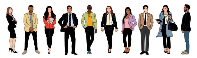 A group of people in business attire stand in a line. Concept of professionalism and formality vector
